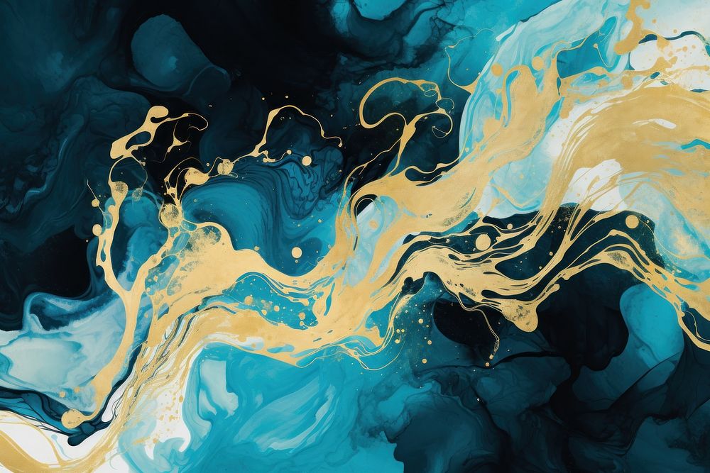 Blue and gold swirls abstract painting backgrounds.