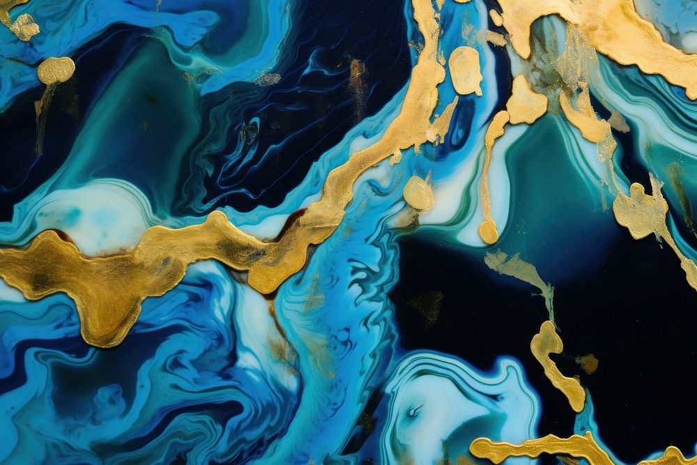 Blue and gold swirls turquoise abstract painting.