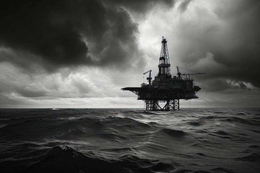 Oil rig monochrome outdoors ocean.