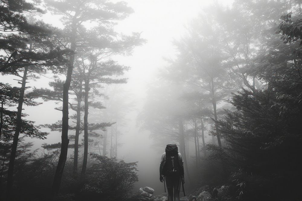 Backpacker walking mist photography.