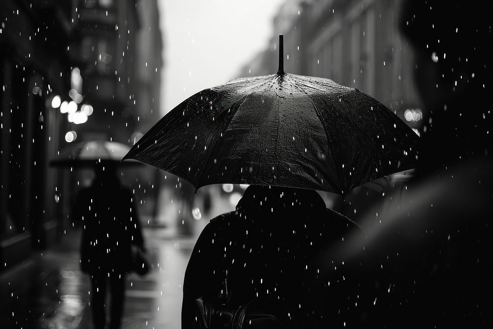 People in the city rain monochrome black.