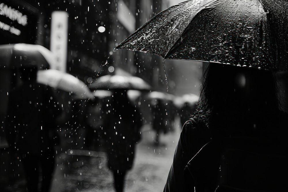 People in the city rain monochrome black.