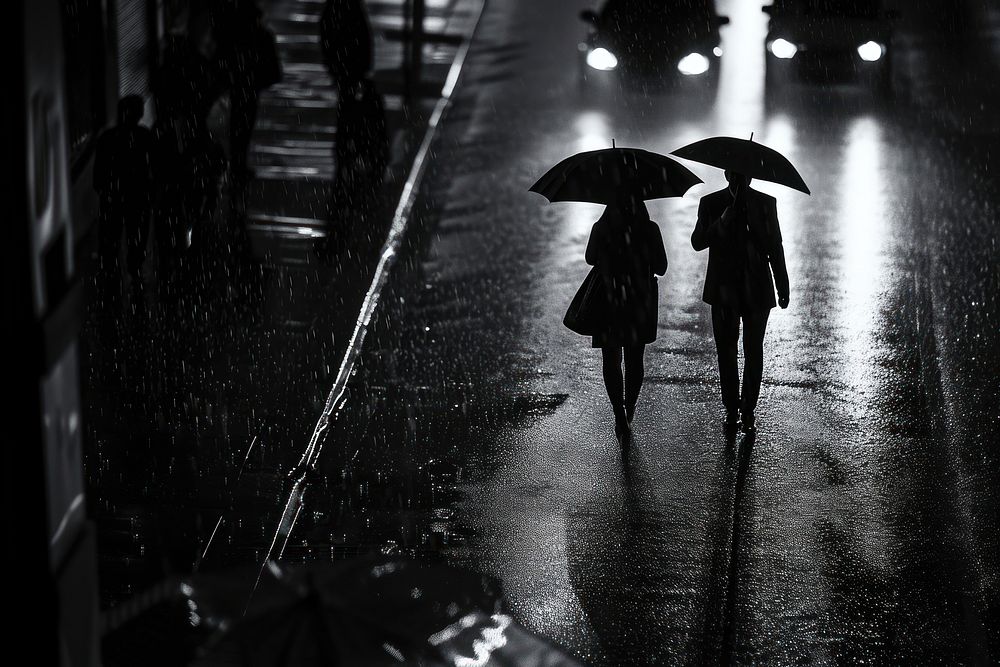 People in the city rain monochrome walking.