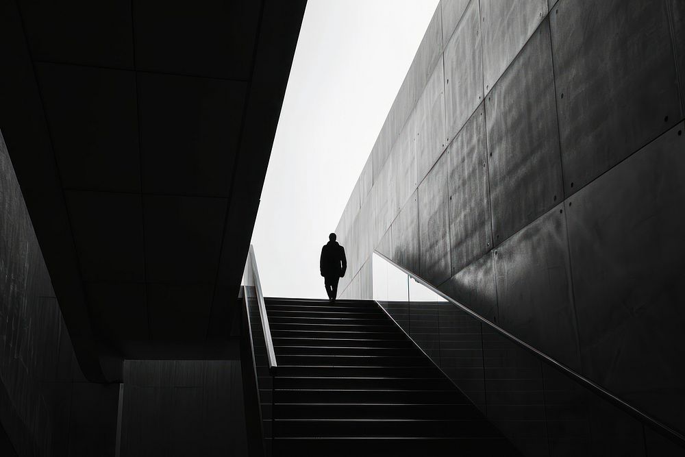 Silhouette person architecture monochrome staircase.