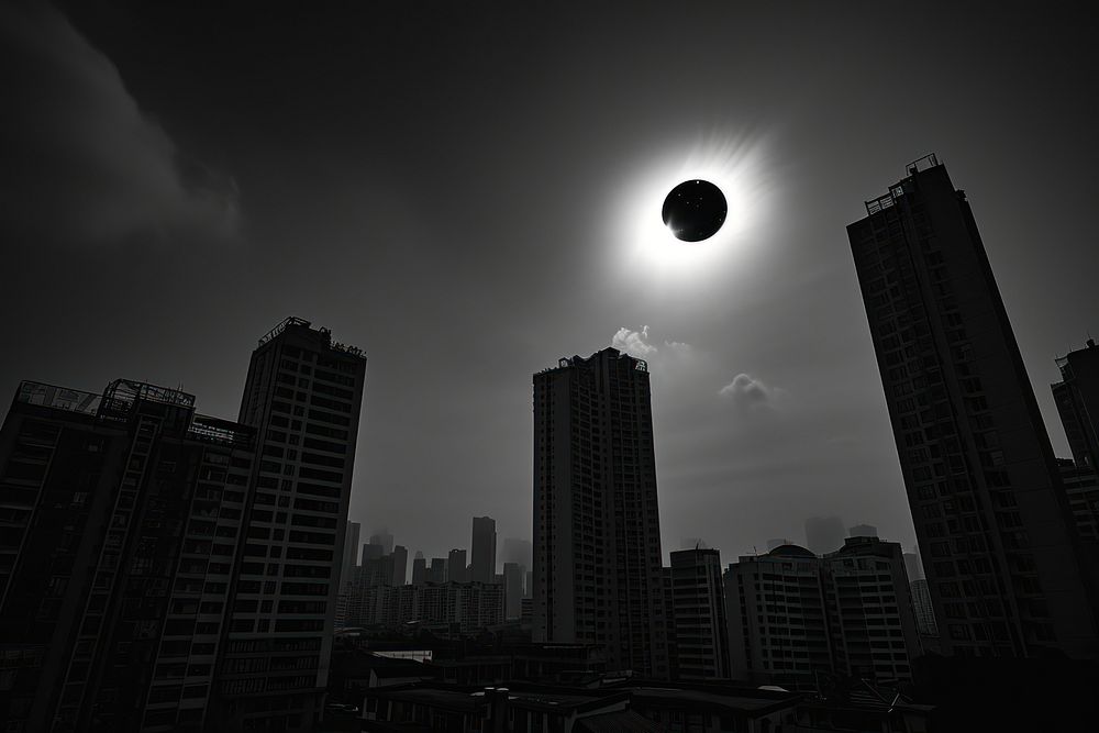 Solar Eclipse city architecture monochrome.