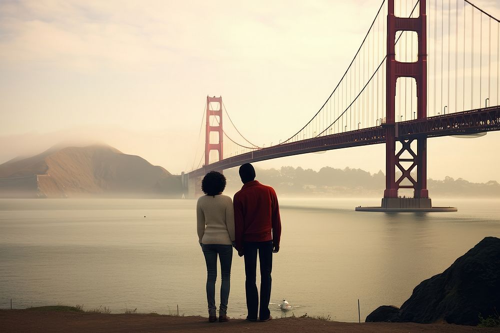 Black couple admiring Golden Gate Bridge bridge golden gate bridge togetherness. AI generated Image by rawpixel.