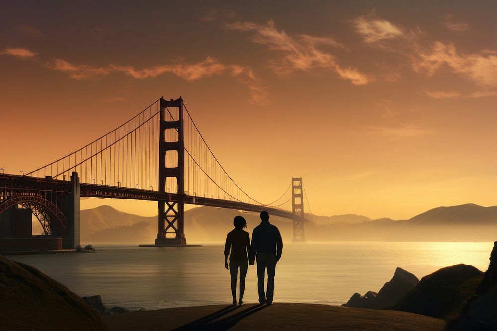 Black couple admiring Golden Gate Bridge bridge golden gate bridge togetherness. AI generated Image by rawpixel.