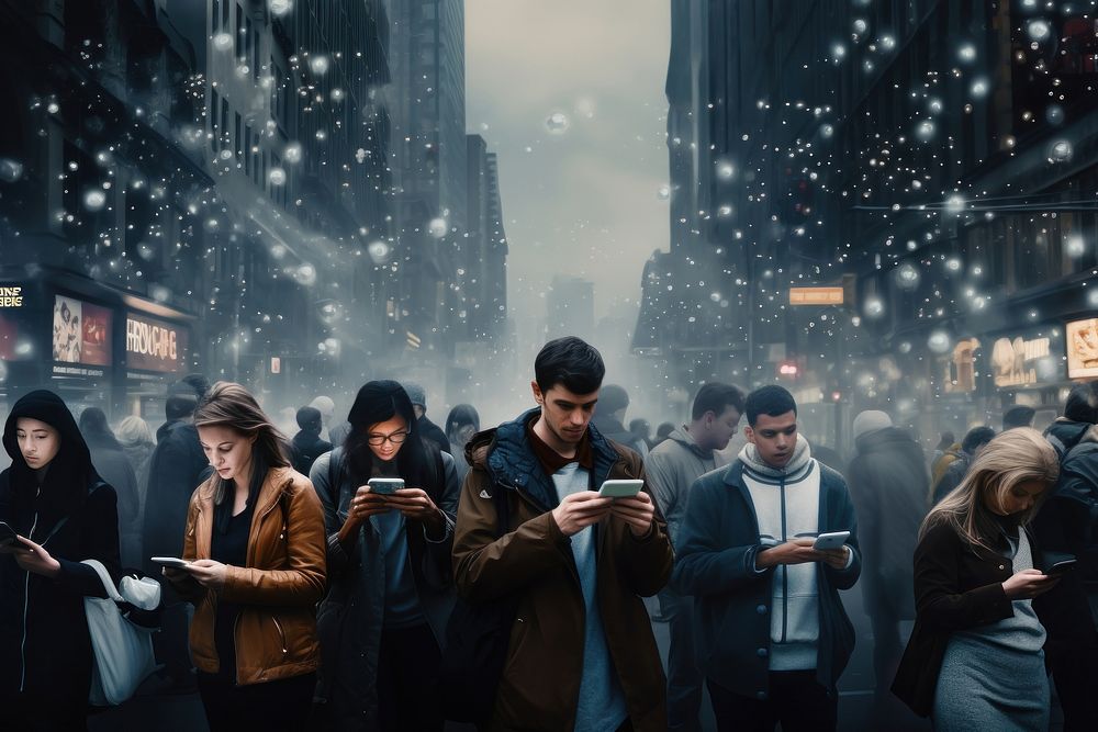 People using smart phones in city adult togetherness architecture. AI generated Image by rawpixel.