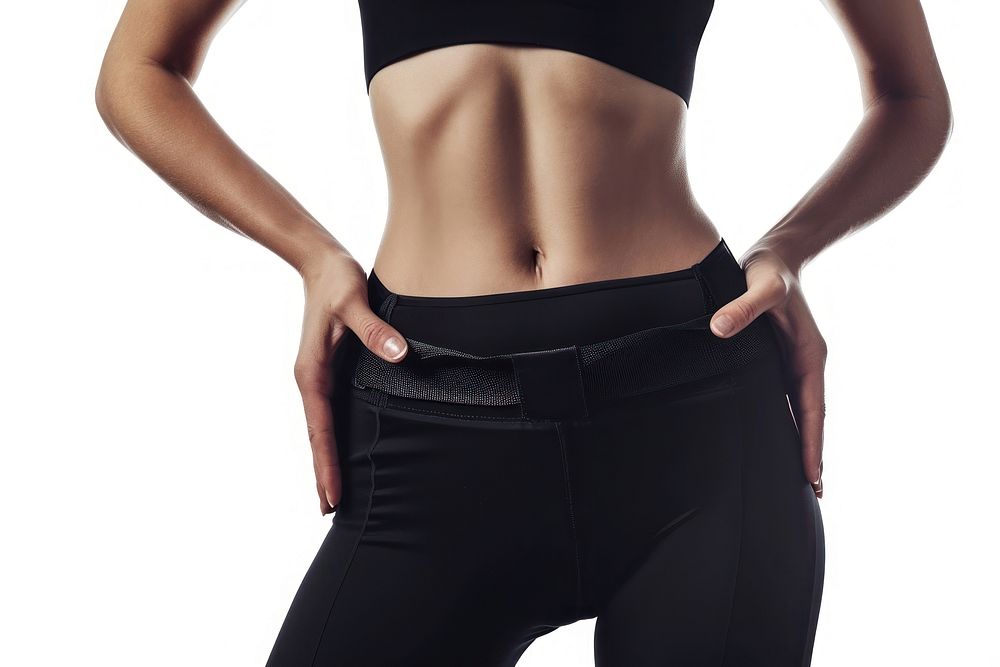 Young woman slim body sports pants adult.