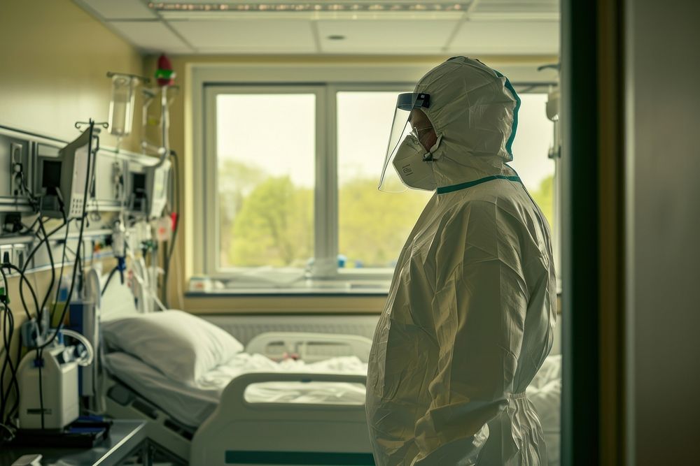 Man wearing ppe clothing hospital adult architecture.