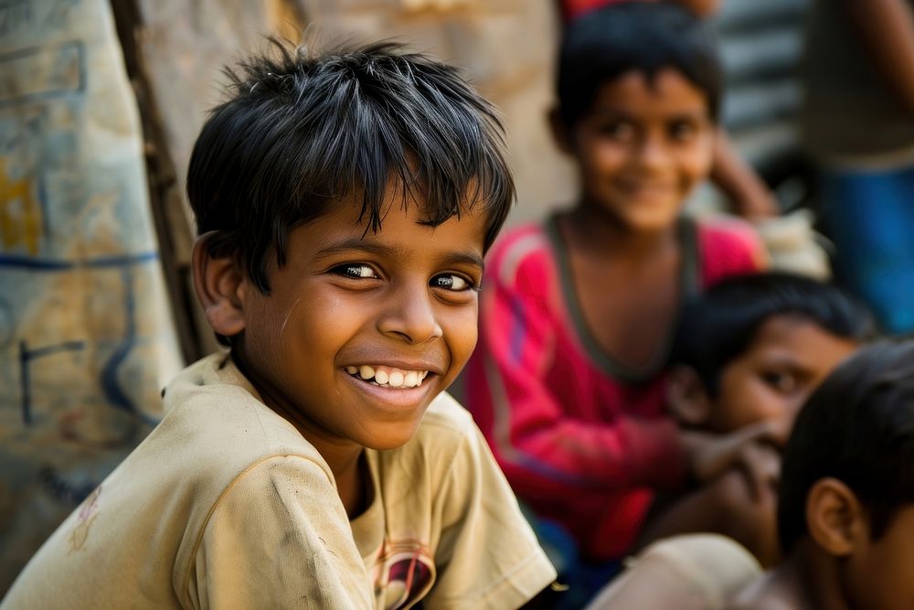 Children in slum community child smile homelessness.