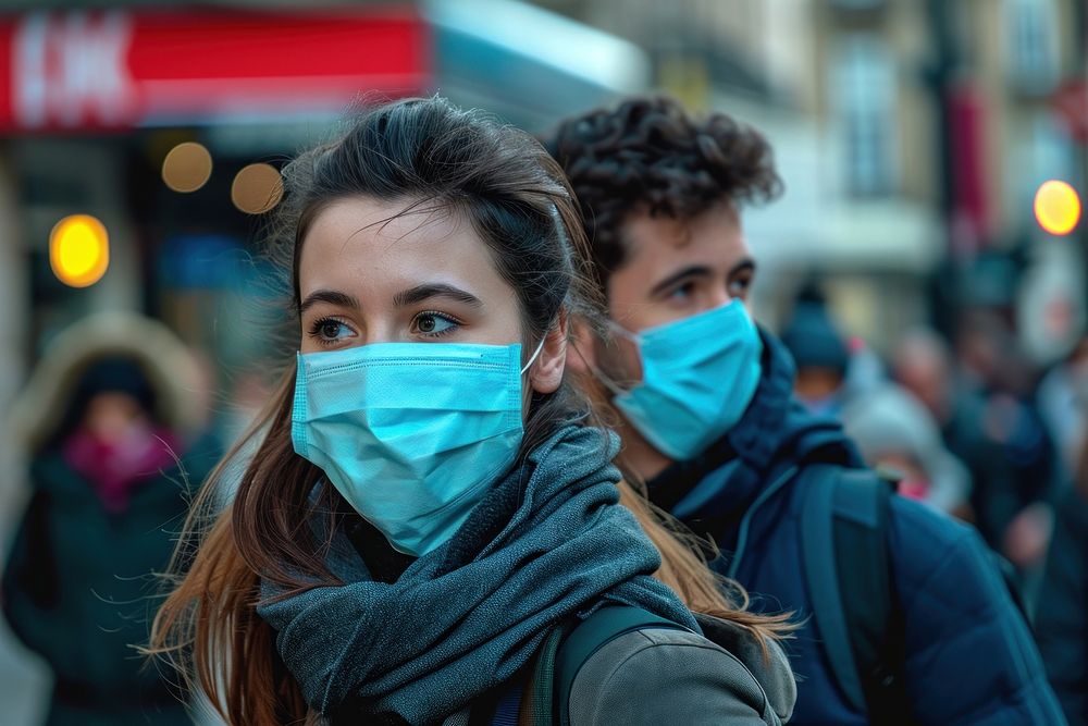 People wearing face masks street architecture protection.