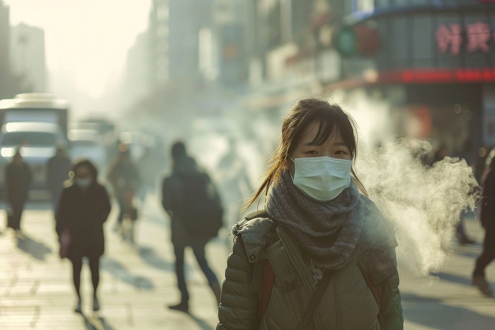 People wearing face mask pollution outdoors smoking.