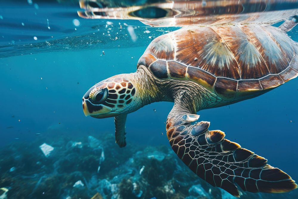 Turtle underwater outdoors swimming.