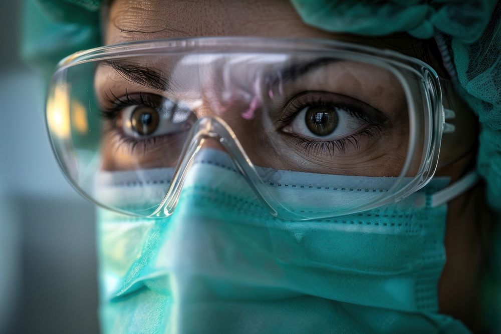 Woman wearing ppe clothing hospital glasses surgery.