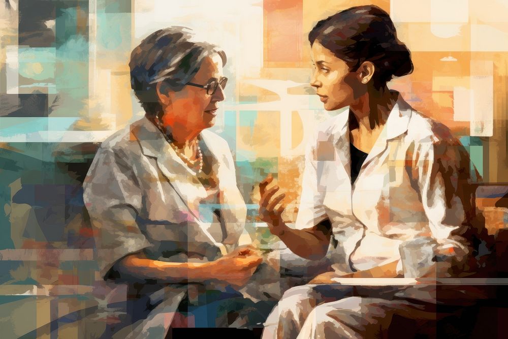 Female doctor talking to an elderly woman conversation painting art.