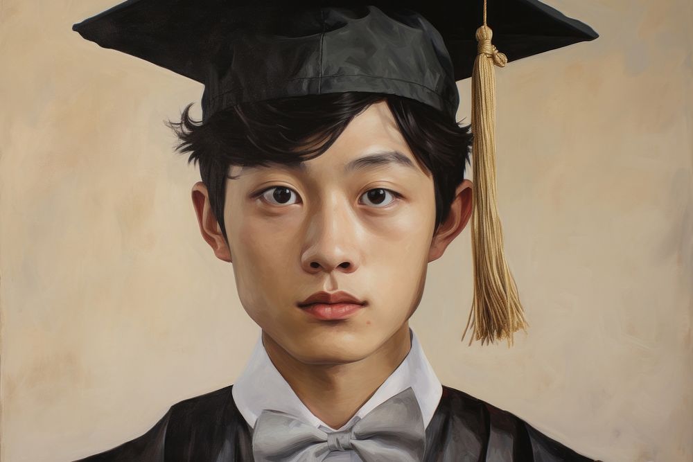 Asian boy with graduation cap portrait intelligence certificate.