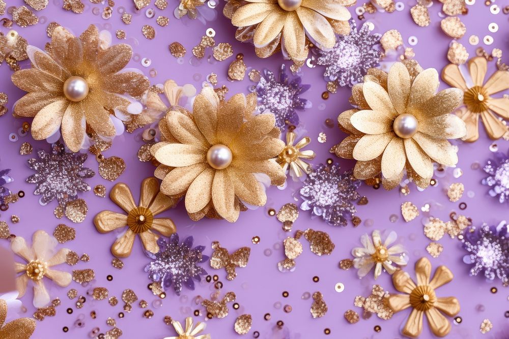 Golden decorations and sparkles on pale purple background backgrounds jewelry flower.