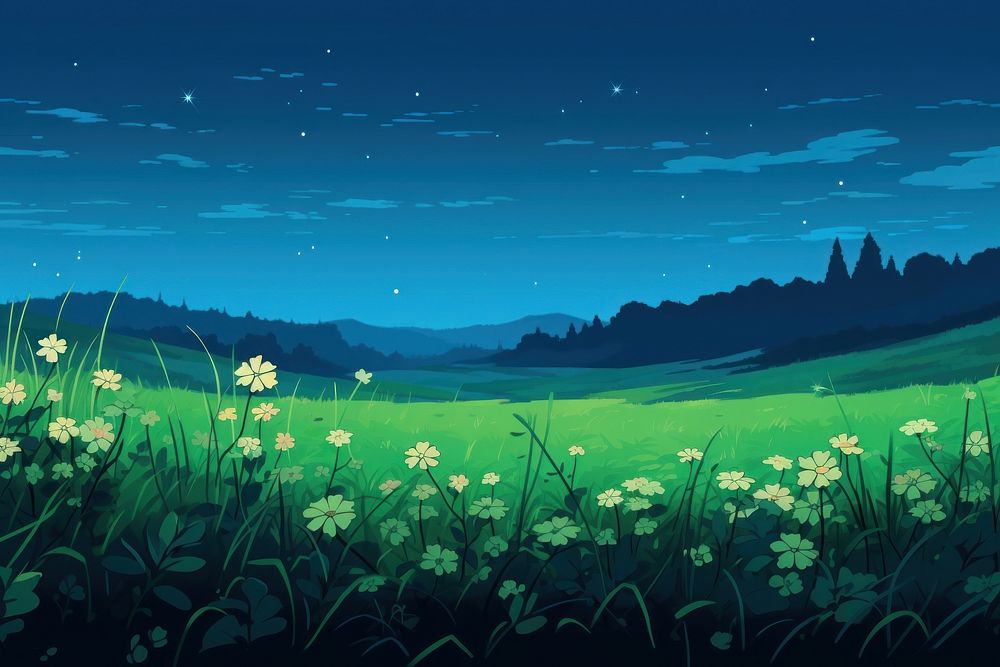 Grass field with flower landscape night outdoors.