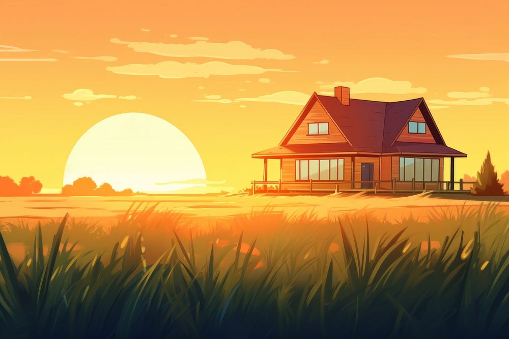 House in grass field landscape architecture sunlight.