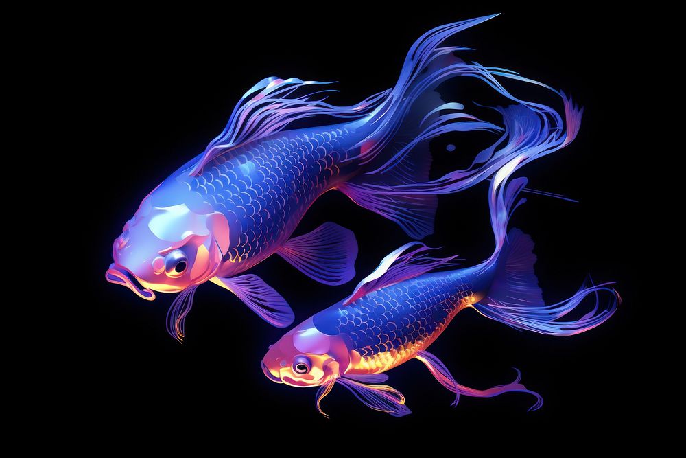 Illustration Two Japanese Koi fish Neon rim light animal purple blue.