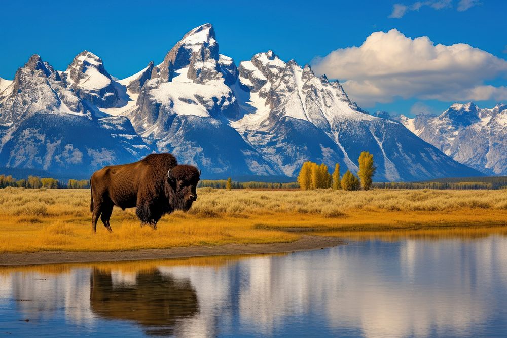 American Bison bison landscape wildlife. AI generated Image by rawpixel.