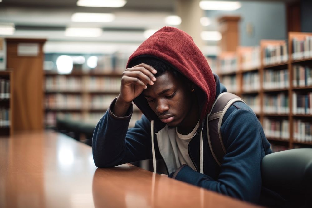Black guy with backpack publication worried library. AI generated Image by rawpixel.