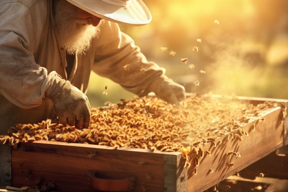 Man using beehive to harvest honey adult agriculture harvesting.
