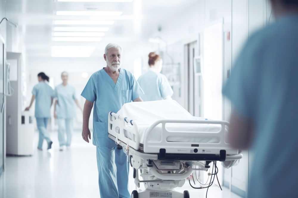 Male nurse pushing stretcher gurney bed hospital architecture corridor. AI generated Image by rawpixel.