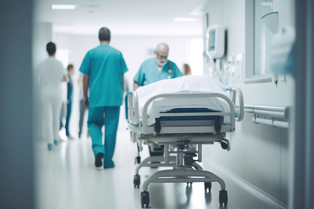 Male nurse pushing stretcher gurney bed hospital doctor corridor. AI generated Image by rawpixel.