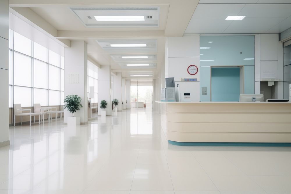 Hospital information counter architecture furniture corridor. AI generated Image by rawpixel.