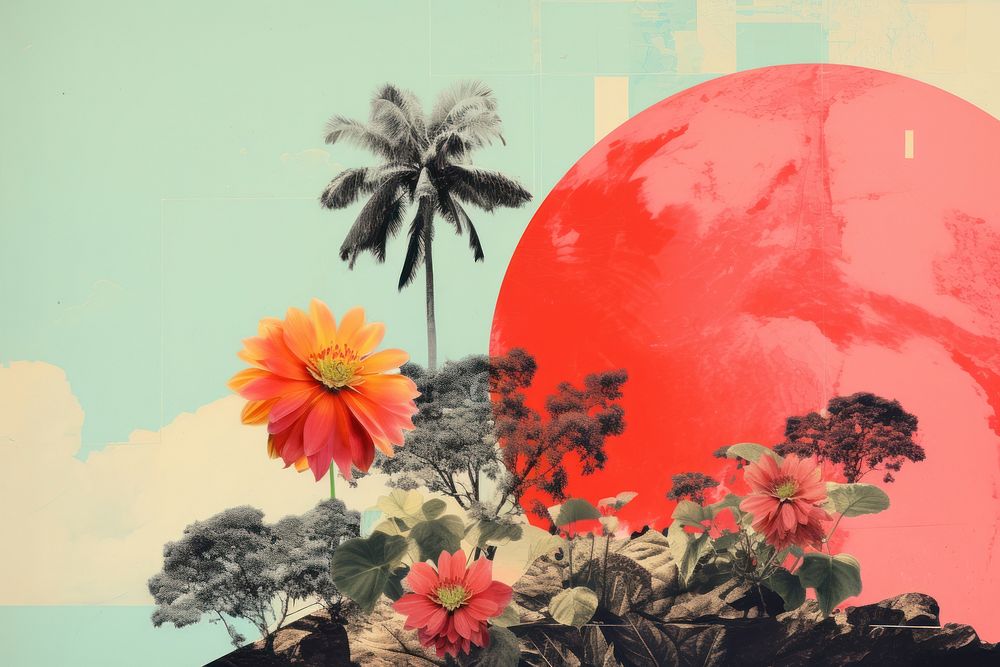 Collage Retro dreamy nature painting outdoors flower.
