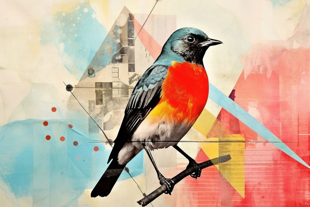 Collage Retro dreamy bird painting animal robin.
