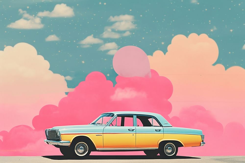 Collage Retro dreamy car outdoors vehicle sky.