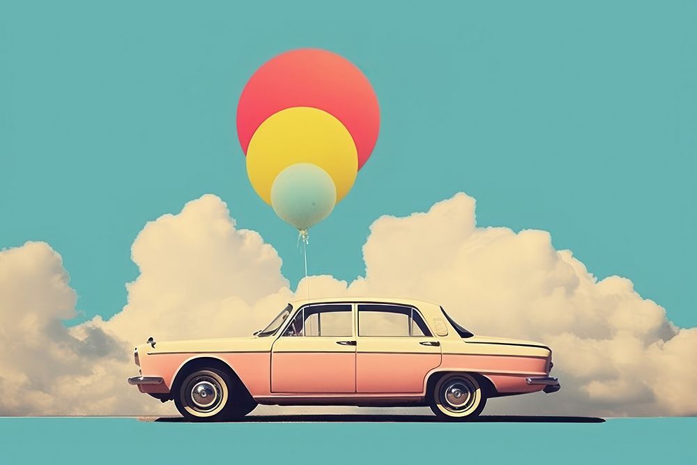 Collage Retro dreamy car aircraft outdoors vehicle.