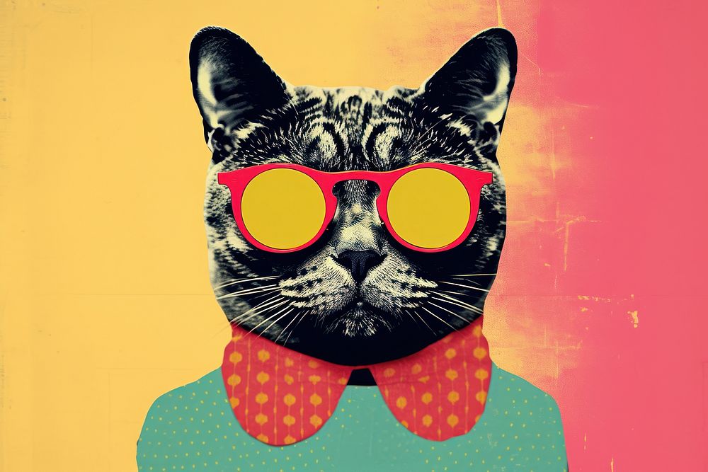 Collage Retro dreamy cat sunglasses portrait mammal.