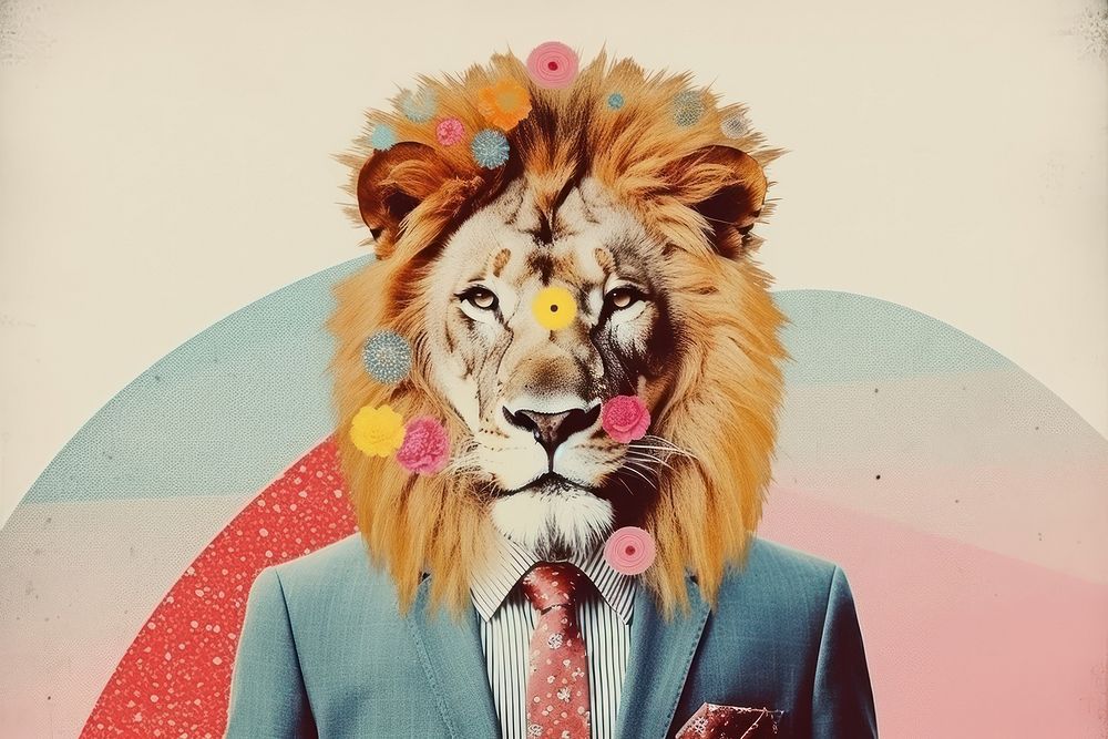 Collage Retro dreamy lion portrait mammal animal.