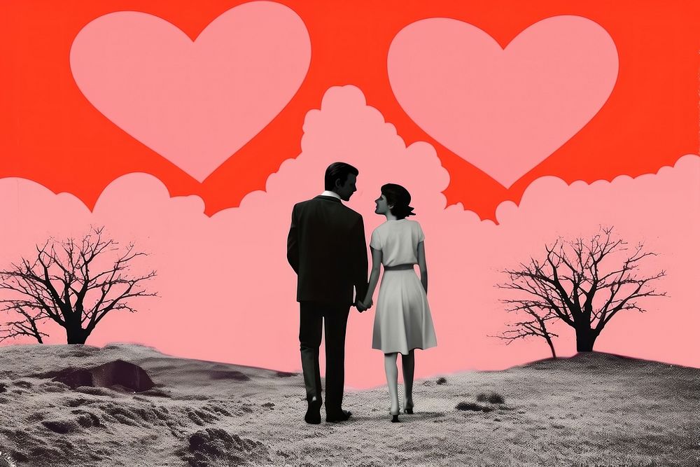 Collage Retro dreamy love adult togetherness silhouette.