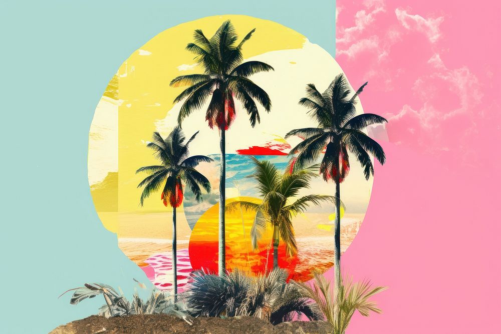 Collage Retro dreamy palm tree painting outdoors nature.
