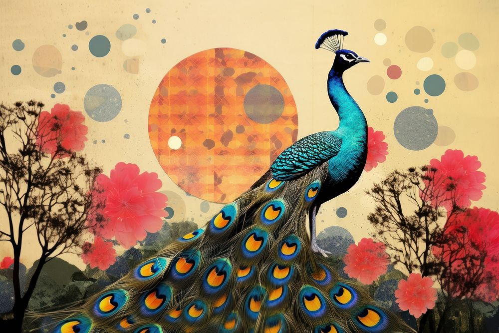 Collage Retro dreamy peacock animal bird art.