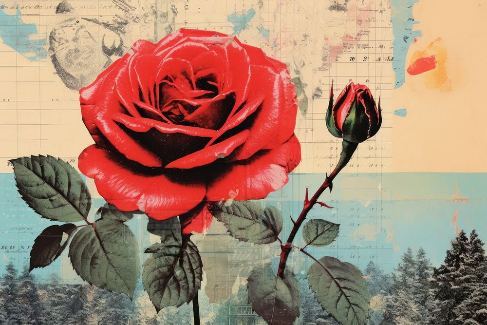 Collage Retro dreamy red rose painting collage flower.