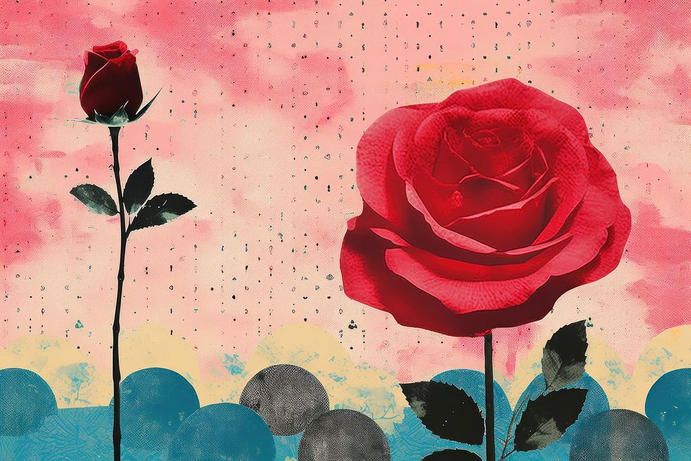 Collage Retro dreamy red rose painting flower petal.