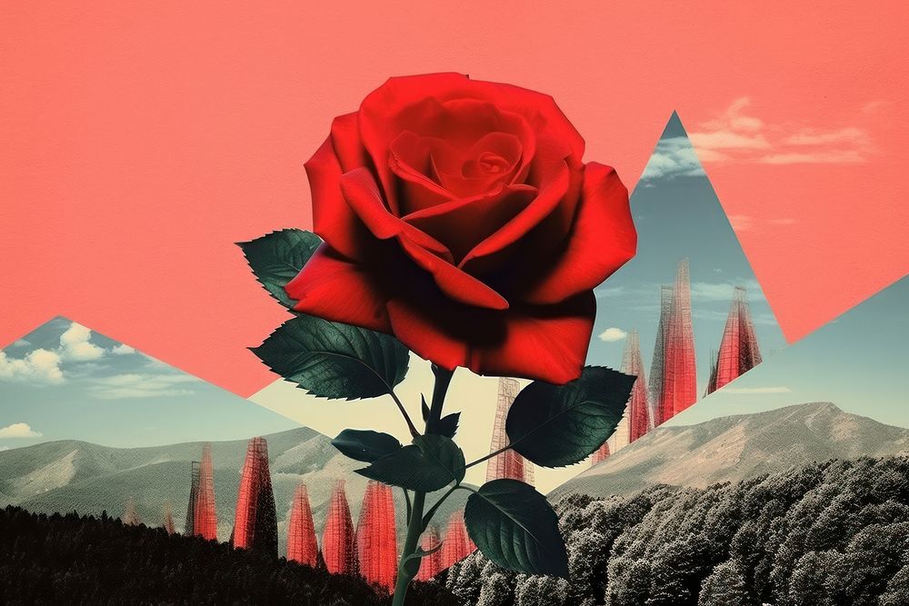 Collage Retro dreamy red rose outdoors flower plant.