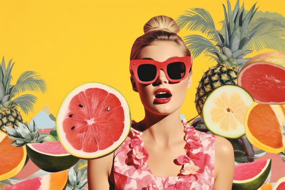 Collage Retro dreamy summer grapefruit sunglasses pineapple.