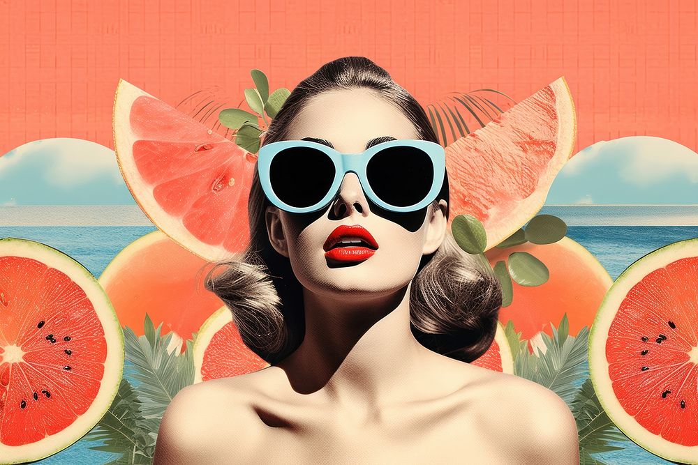 Collage Retro dreamy summer sunglasses portrait fruit.