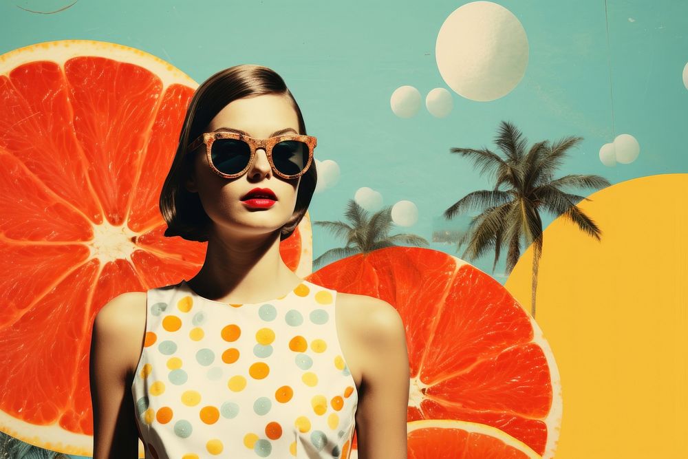 Collage Retro dreamy summer sunglasses grapefruit portrait.