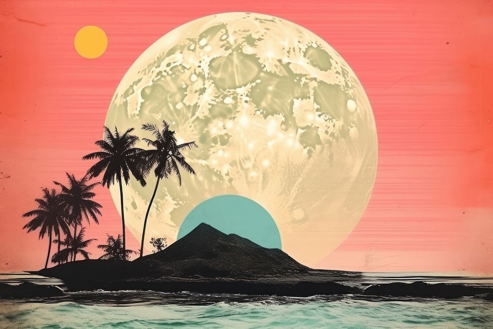 Collage Retro dreamy sunset outdoors nature beach.