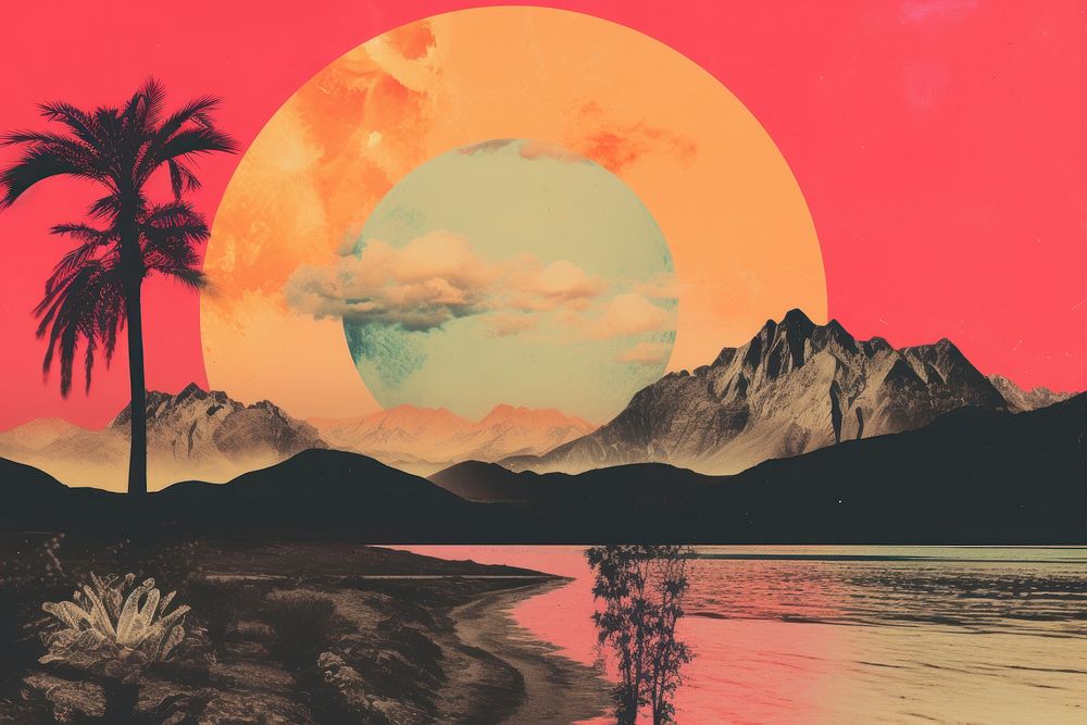 Collage Retro dreamy sunset landscape mountain outdoors.