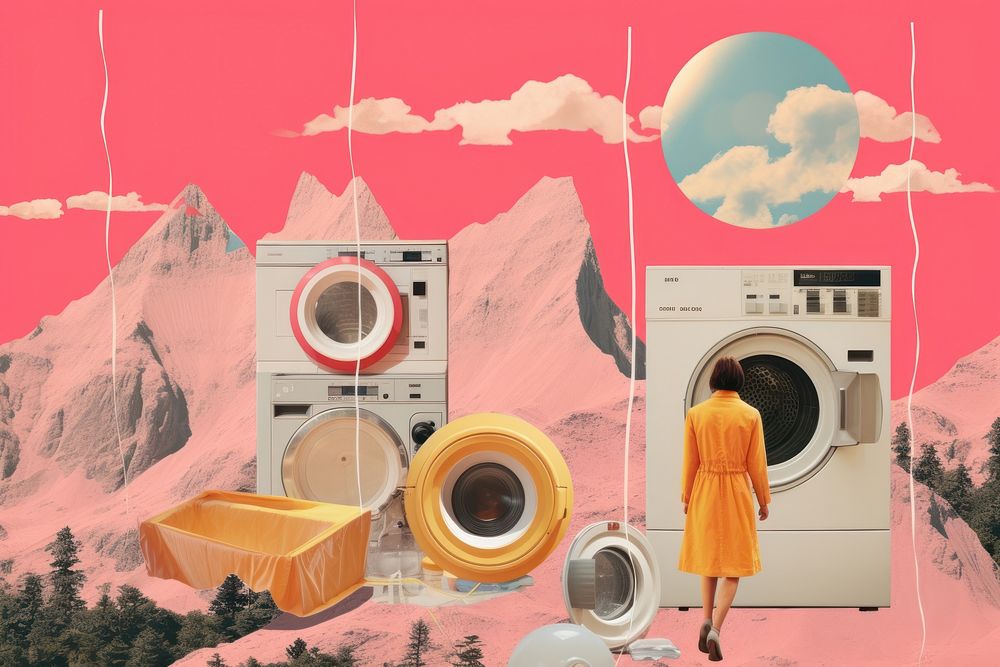 Collage Retro dreamy technology appliance laundry dryer.