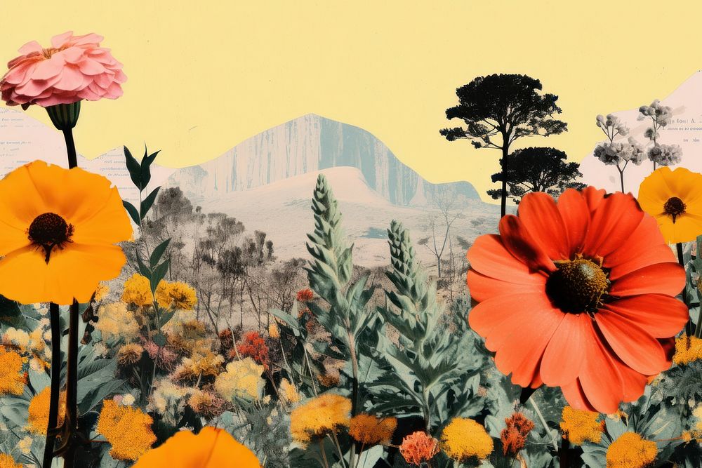 Collage Retro dreamy wildflower outdoors painting nature.